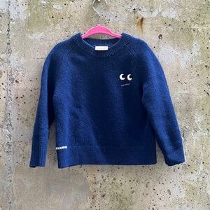 ANYA HINDMARCH UNIQLO Lambswool Crew Neck Sweater Kids Size 5-6, Navy Blue, EUC